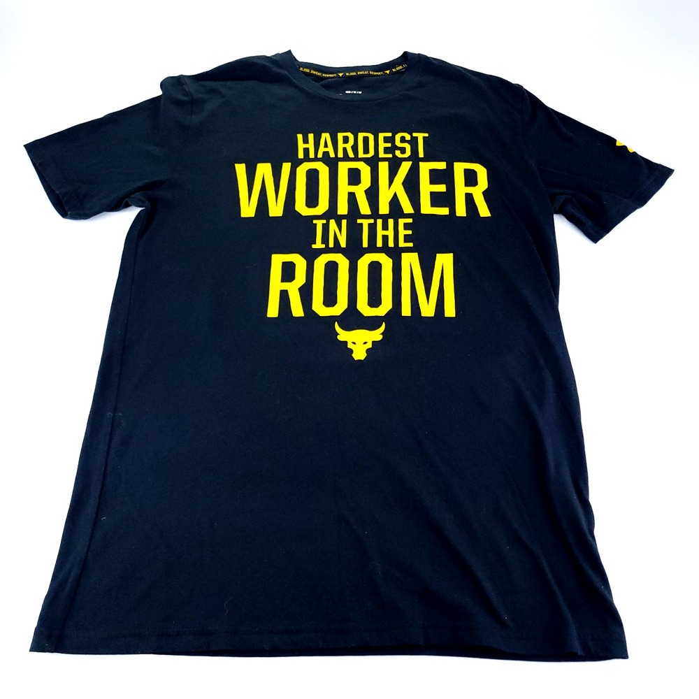 Under Armour Project Rock T-Shirt Mens Medium Black Hardest Worker In The Room